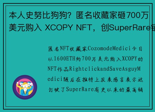 本人史努比狗狗？匿名收藏家砸700万美元购入 XCOPY NFT，创SuperRare销售纪录