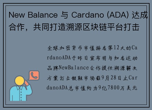 New Balance 与 Cardano (ADA) 达成合作，共同打造溯源区块链平台打击假鞋市场